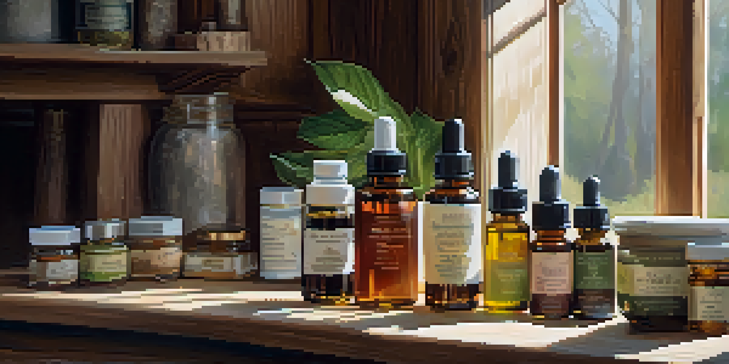 A wooden table with CBG-infused products and natural light illuminating the scene.