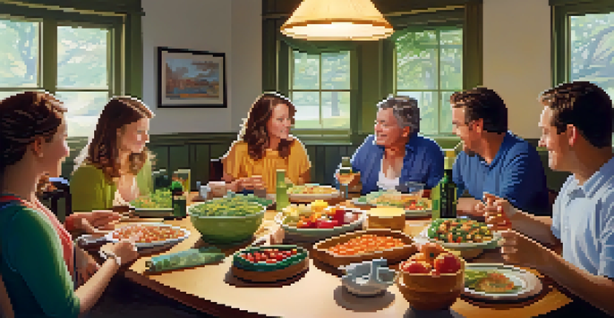 A family sitting at a dining table, discussing marijuana use, with healthy food and warm lighting.