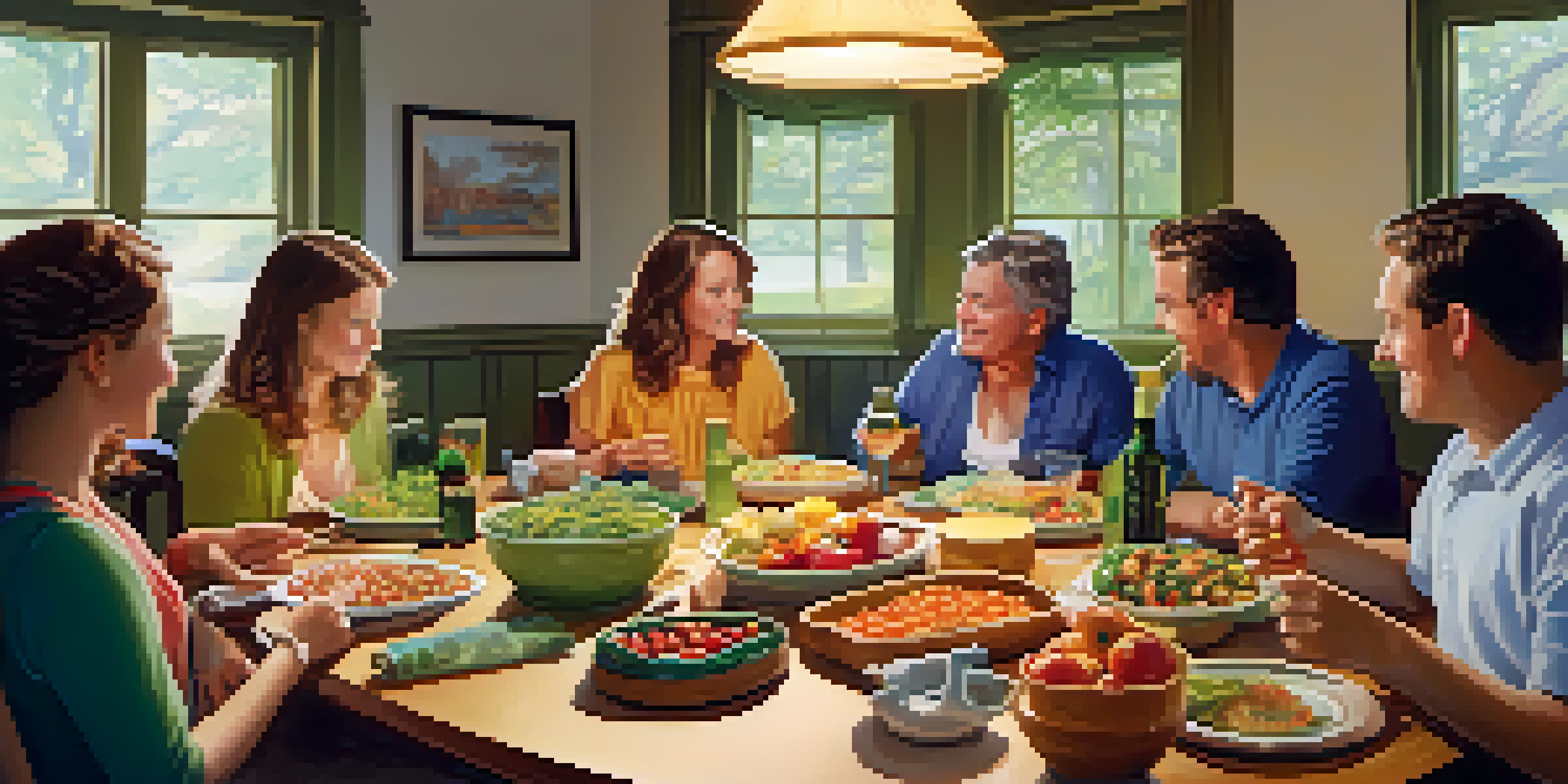 A family sitting at a dining table, discussing marijuana use, with healthy food and warm lighting.