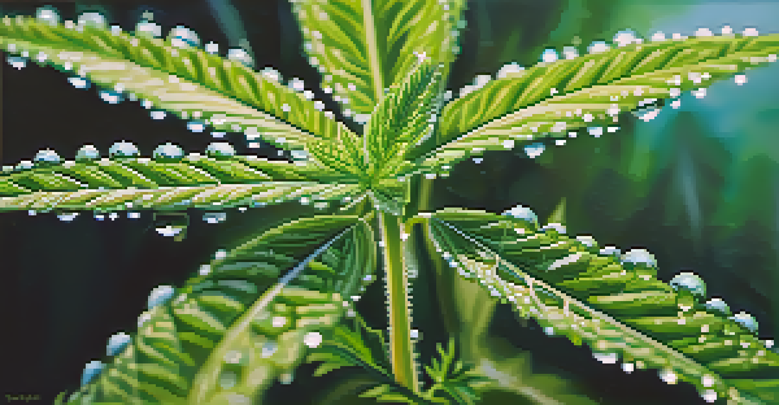 A close-up view of a cannabis plant with dew drops, highlighting its vibrant green leaves and intricate details.