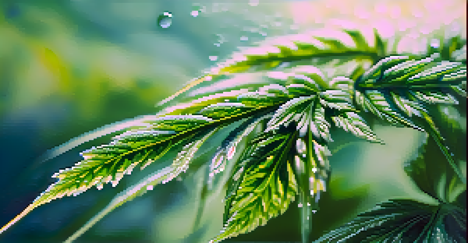 A detailed close-up of a cannabis plant with dewdrops on its green leaves.