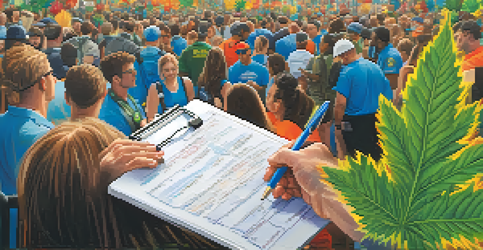 Close-up of a paramedic's hands holding a clipboard, with a community event in the background discussing marijuana safety.