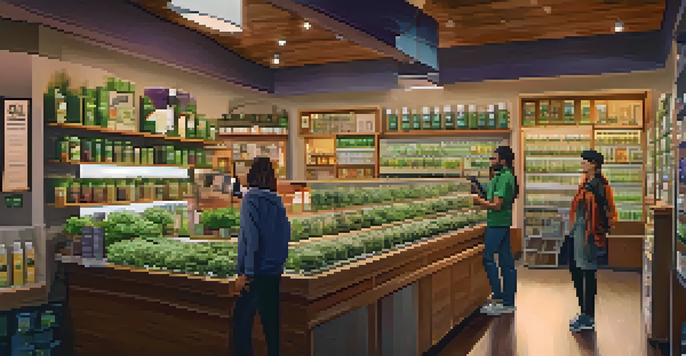 Inside a cannabis dispensary with shelves of products and customers interacting with staff.