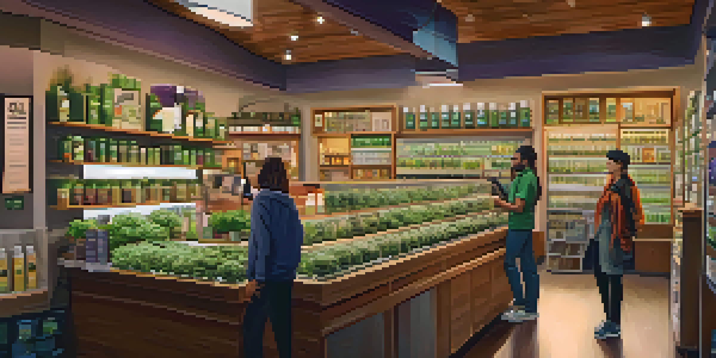 Inside a cannabis dispensary with shelves of products and customers interacting with staff.