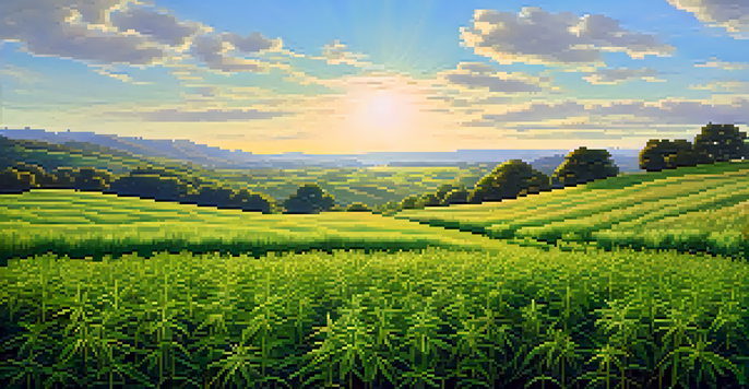 A peaceful landscape with a field of green hemp plants under a blue sky, illuminated by soft sunlight.