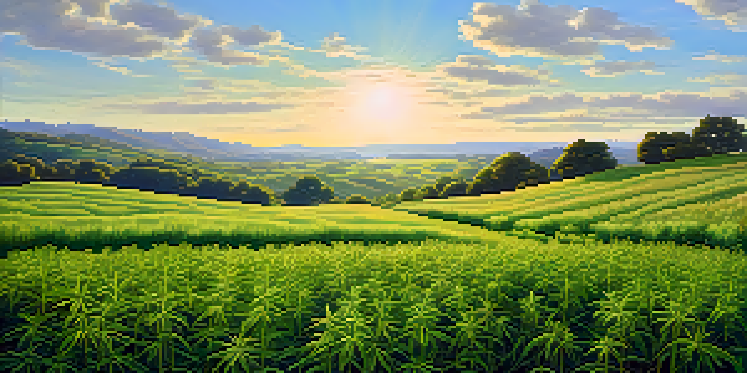 A peaceful landscape with a field of green hemp plants under a blue sky, illuminated by soft sunlight.