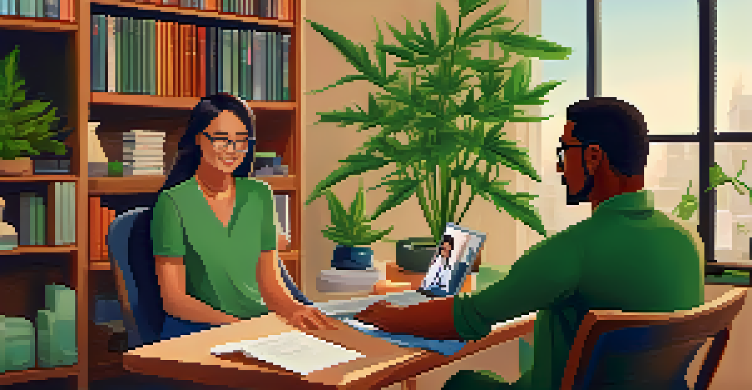 A person having a virtual consultation about cannabis use on a laptop, with a comfortable home setting.
