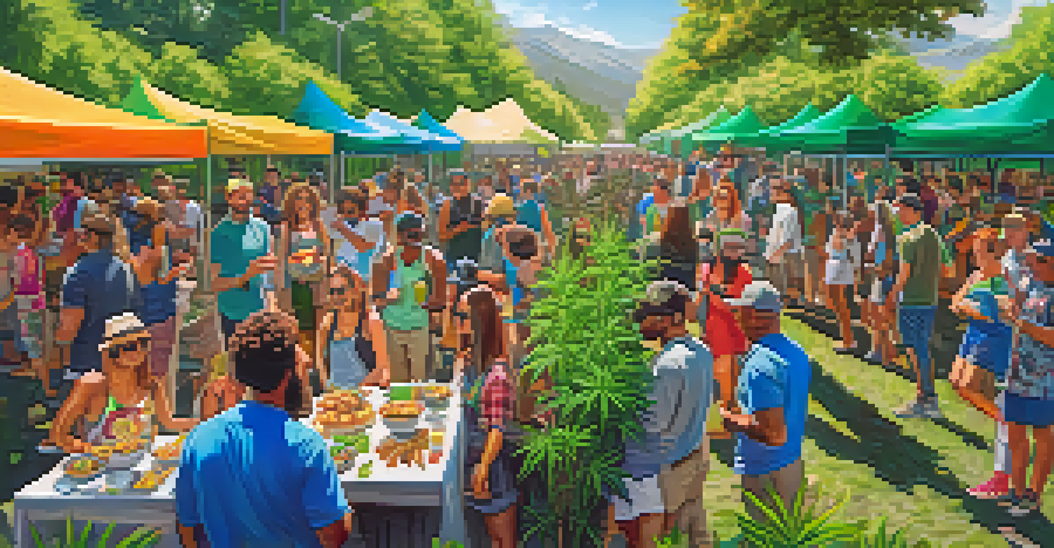 A lively outdoor cannabis community event with diverse participants cooking and discussing cannabis wellness.
