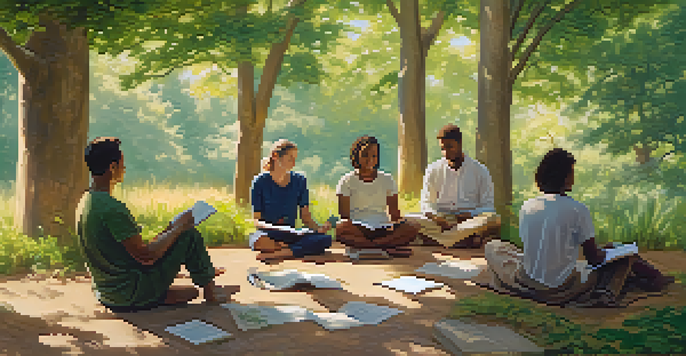 A group of diverse individuals sitting in a circle in a green outdoor setting, journaling and practicing mindfulness under soft sunlight.