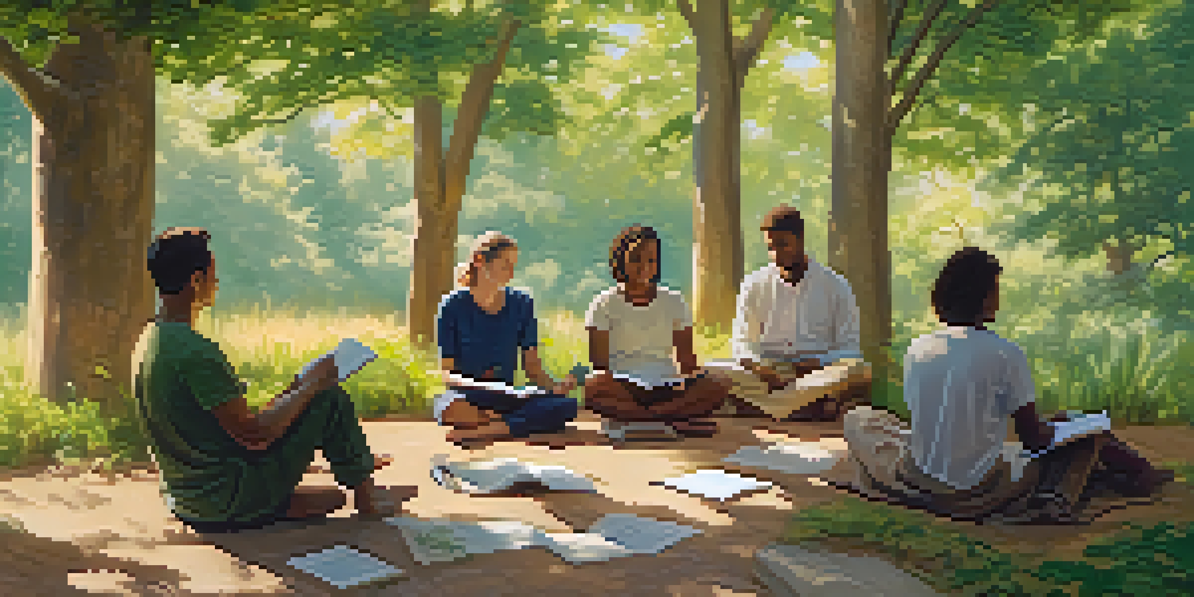 A group of diverse individuals sitting in a circle in a green outdoor setting, journaling and practicing mindfulness under soft sunlight.