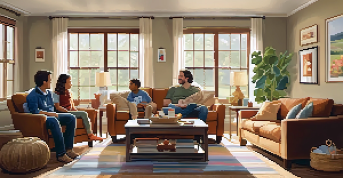 A family in a bright living room discussing healthy habits, with warm lighting and comfortable furniture.