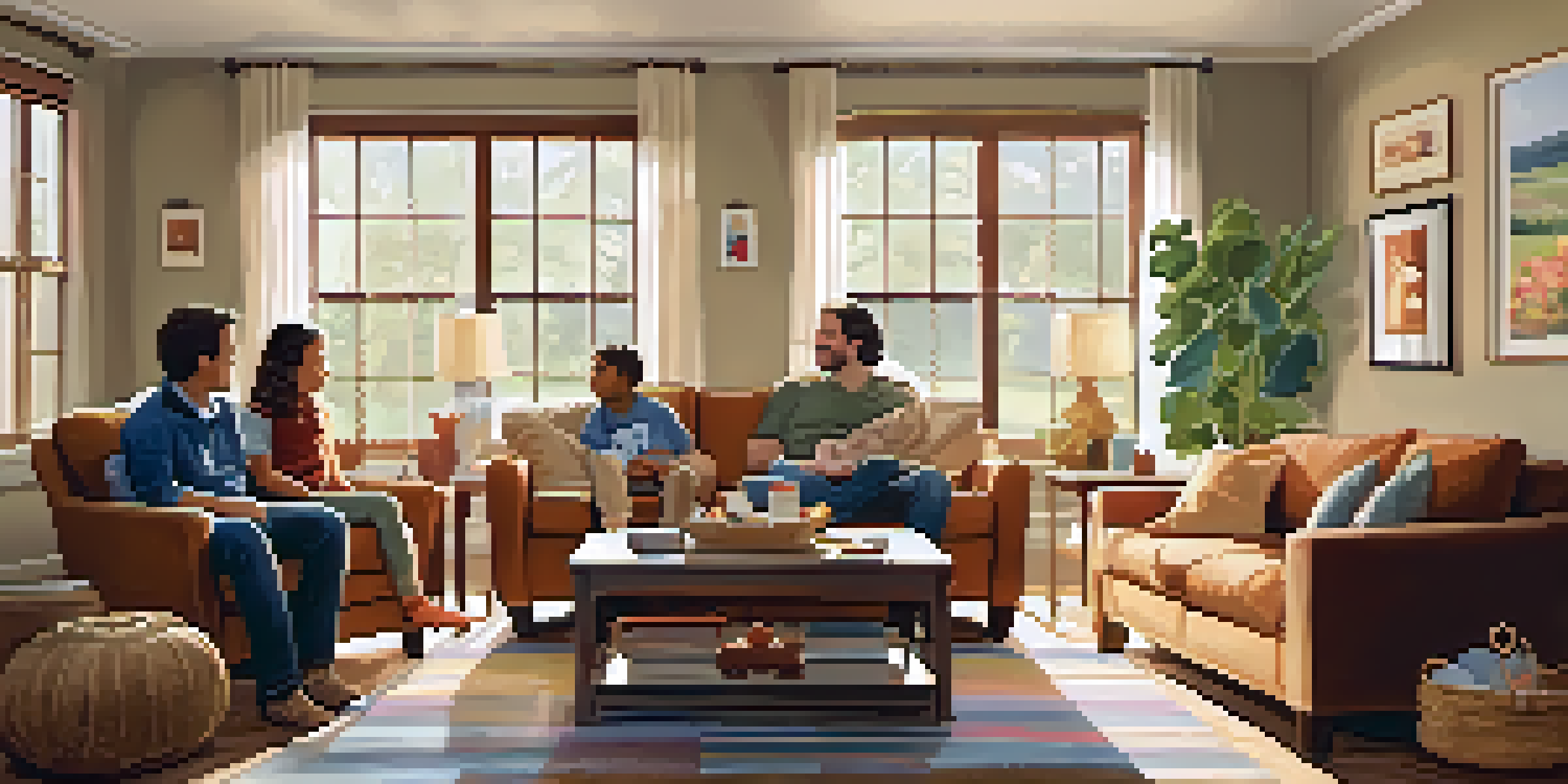 A family in a bright living room discussing healthy habits, with warm lighting and comfortable furniture.