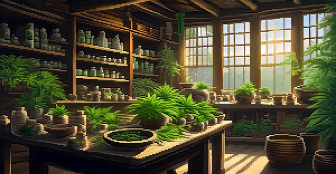An ancient herbalist's workshop with jars of herbs and cannabis plants, illuminated by warm sunlight.
