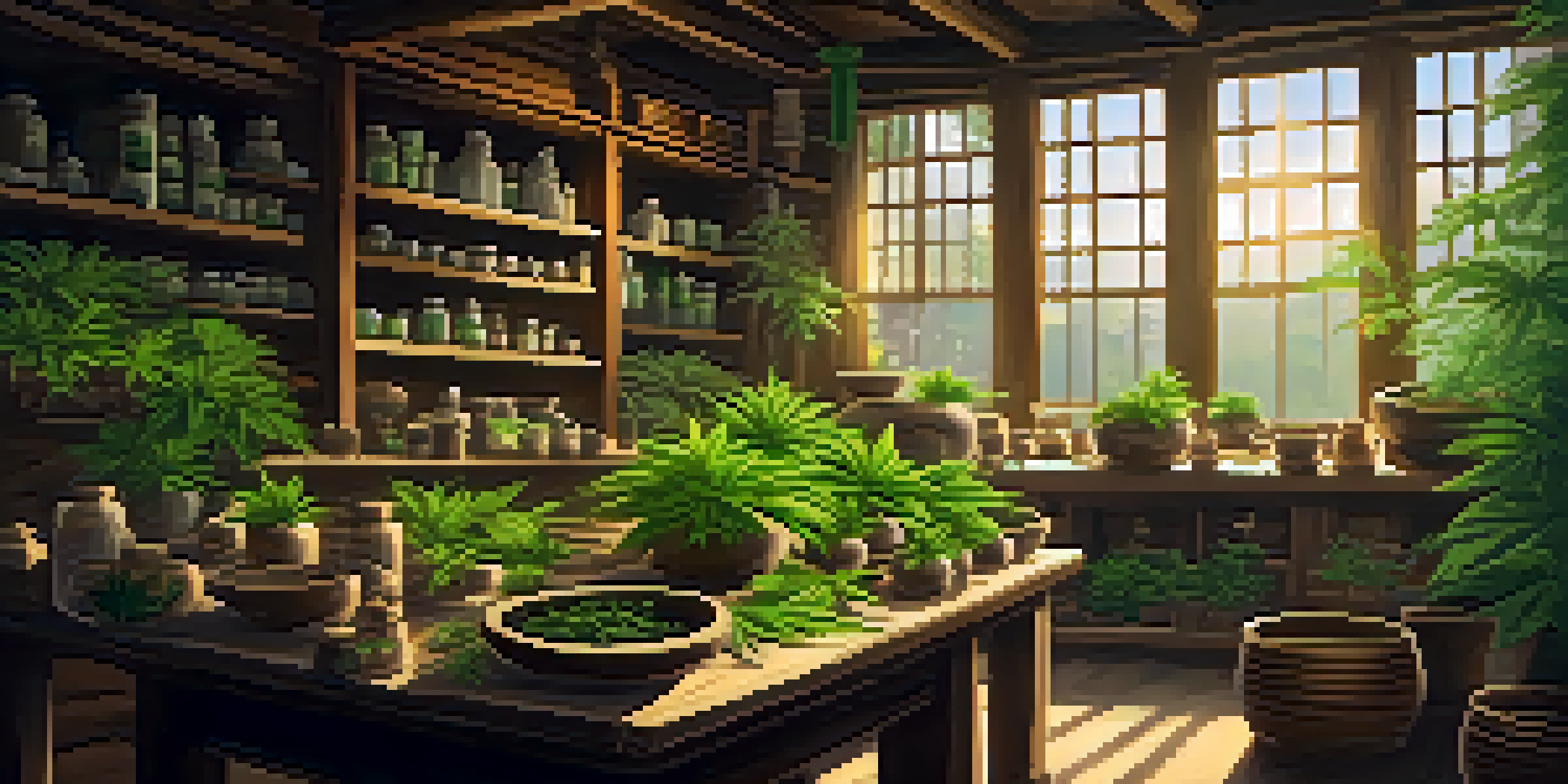 An ancient herbalist's workshop with jars of herbs and cannabis plants, illuminated by warm sunlight.