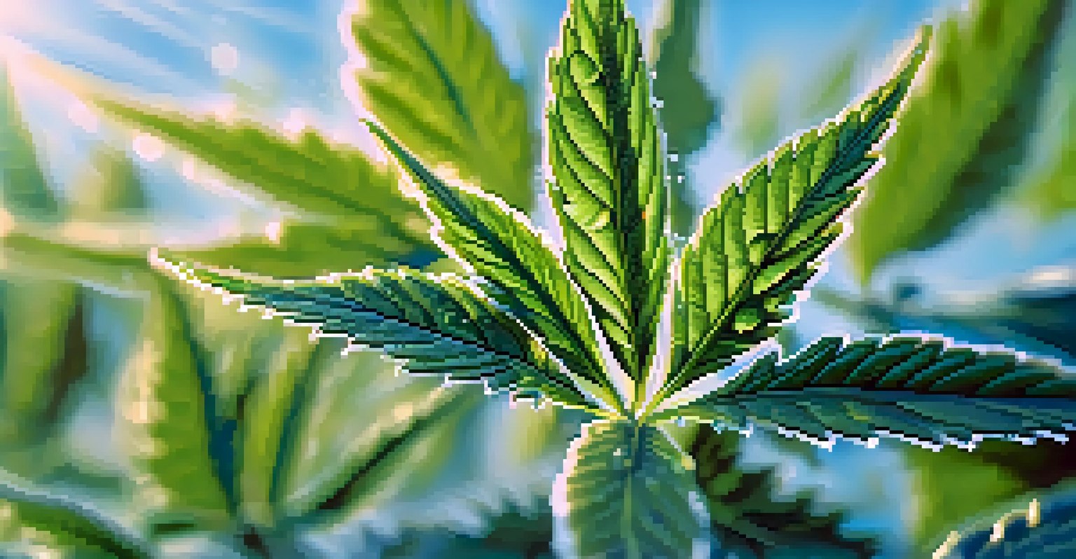 A close-up image of marijuana leaves with dew drops, showcasing their vibrant colors against a blurred blue sky background.