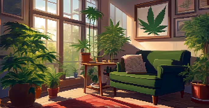 A cozy indoor space featuring an armchair, a side table with cannabis plants, and books about medical marijuana.