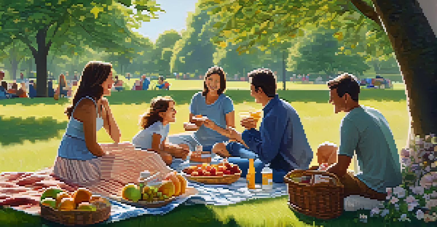 A sunny outdoor family gathering in a park with a picnic blanket, family members laughing, and a basket of fruits and snacks.