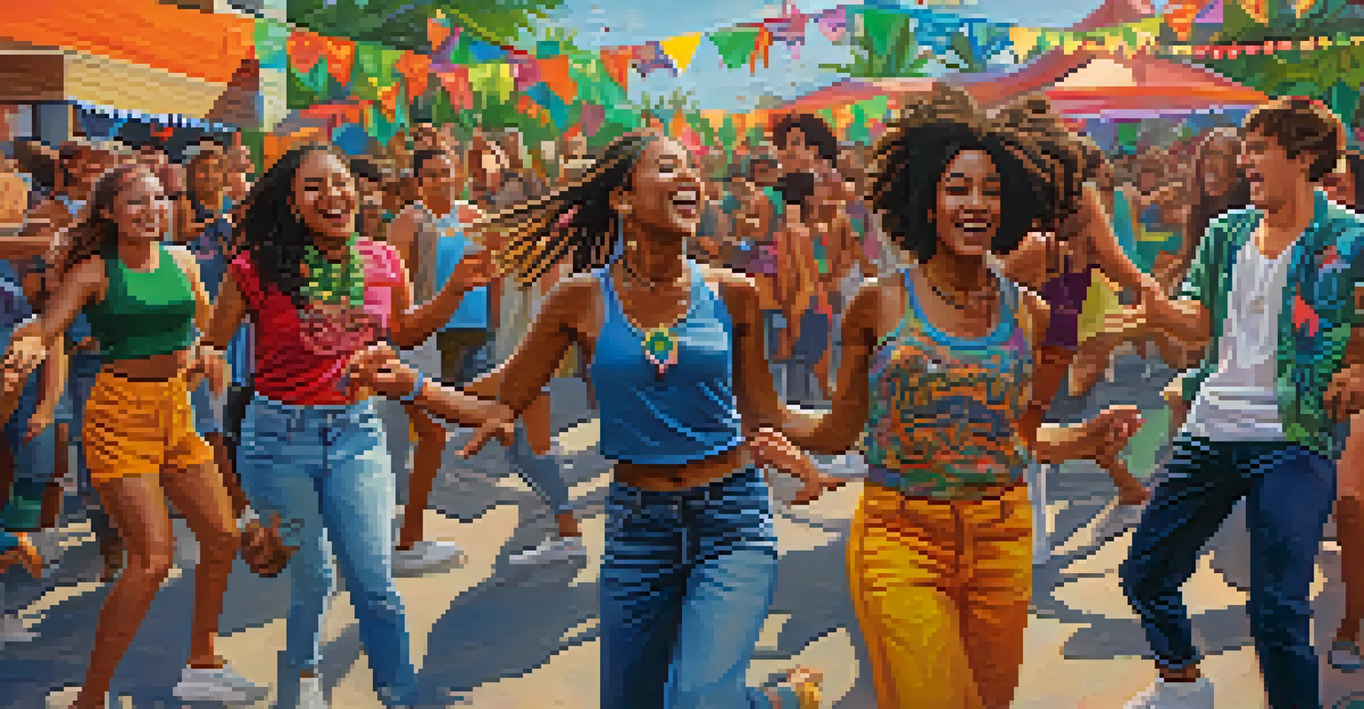 A vibrant festival scene with young people celebrating marijuana culture through dance and colorful decorations.