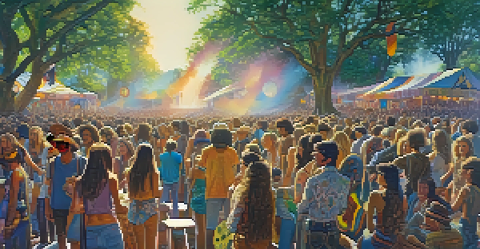 A lively 1970s music festival with a diverse crowd in bohemian clothing, a psychedelic stage, and warm sunlight filtering through trees.
