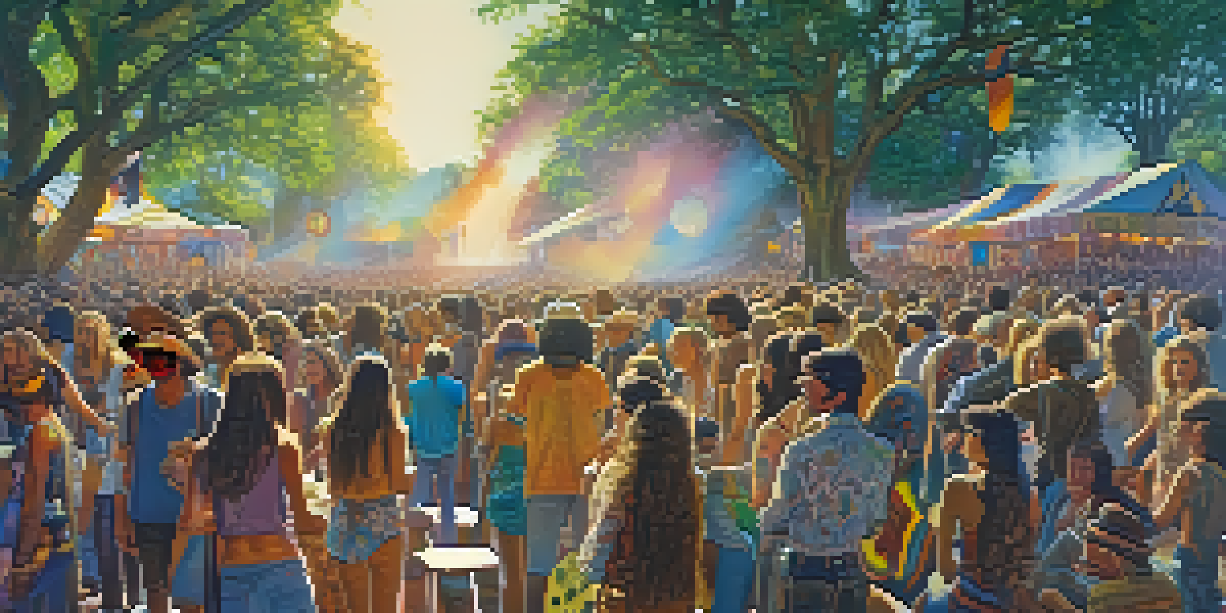 A lively 1970s music festival with a diverse crowd in bohemian clothing, a psychedelic stage, and warm sunlight filtering through trees.