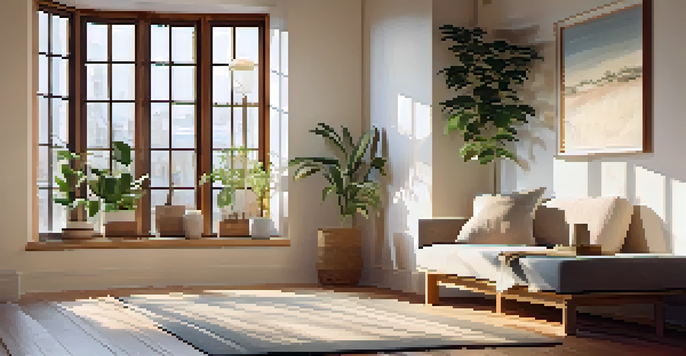 A cozy meditation corner with a plush rug, soft pillows, and a small potted plant, illuminated by gentle light.