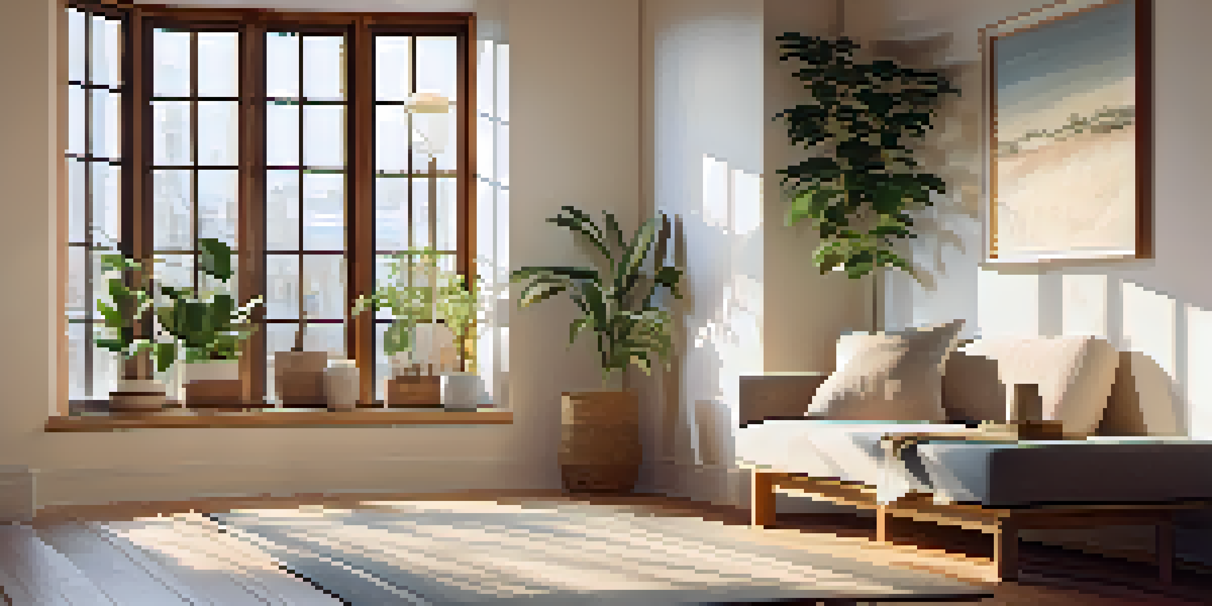 A cozy meditation corner with a plush rug, soft pillows, and a small potted plant, illuminated by gentle light.