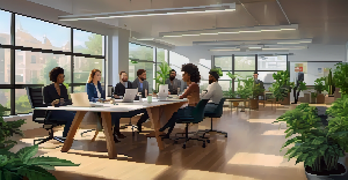 A modern office filled with diverse employees discussing cannabis policies at a large table, illuminated by natural light from large windows.