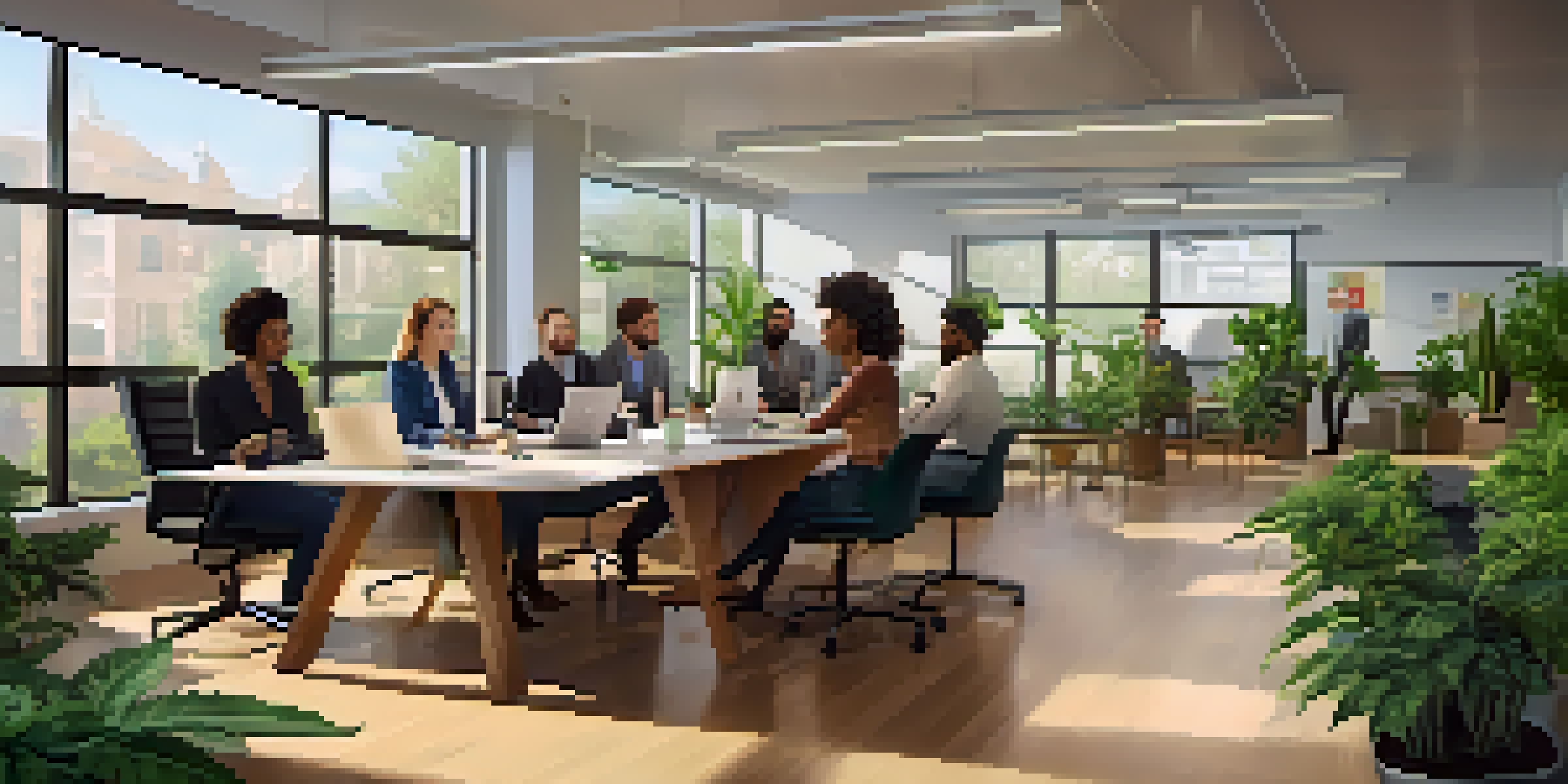 A modern office filled with diverse employees discussing cannabis policies at a large table, illuminated by natural light from large windows.