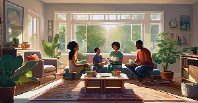 A family discussing healthy lifestyle choices in a cozy living room filled with plants and sunlight.