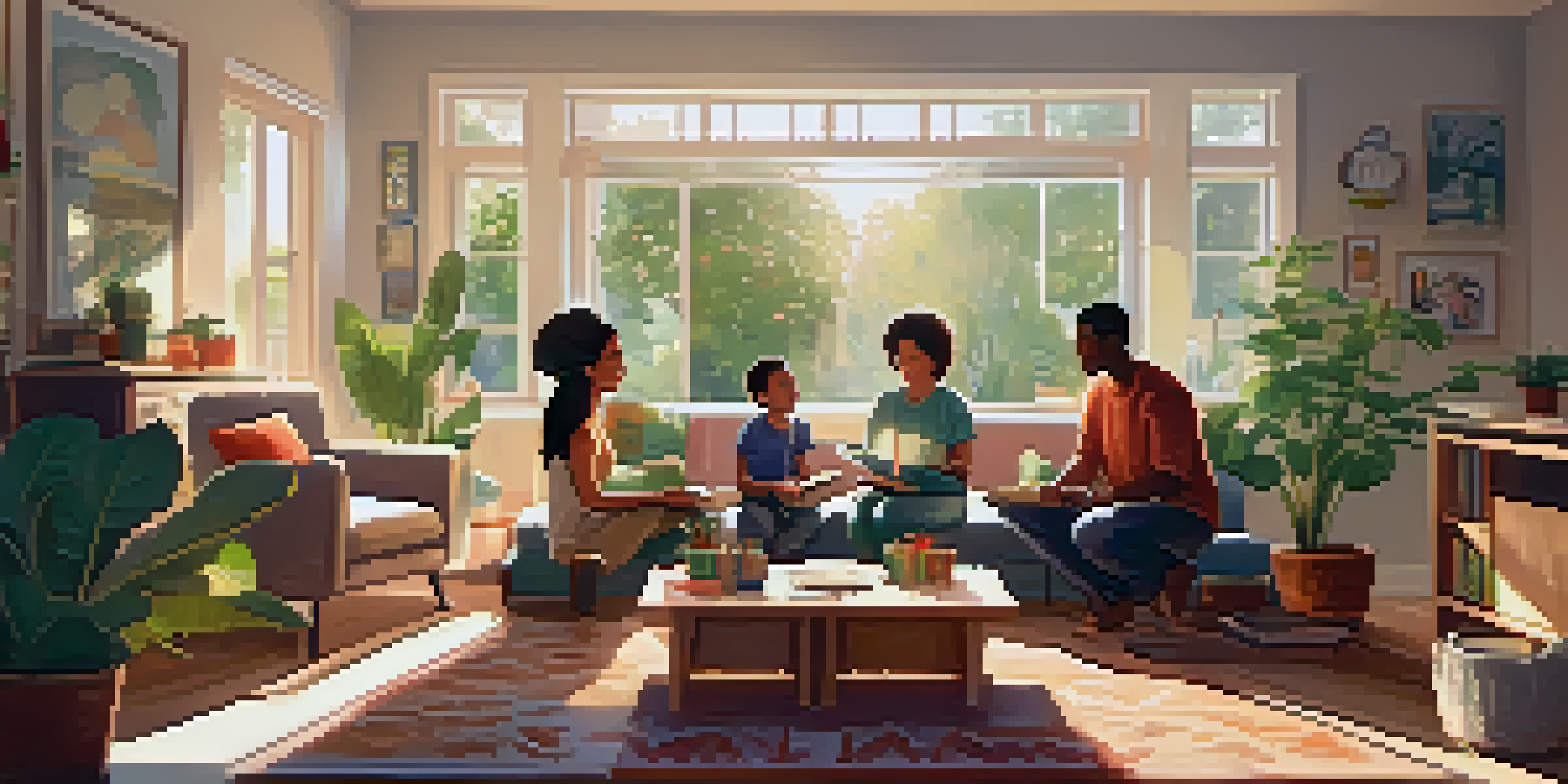 A family discussing healthy lifestyle choices in a cozy living room filled with plants and sunlight.