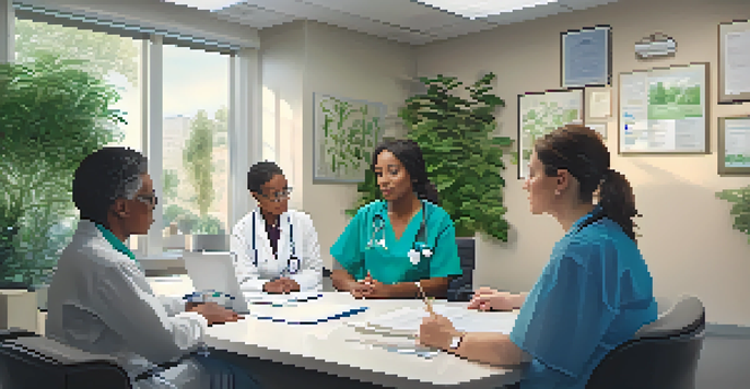 A healthcare professional in a medical office attentively listens to a diverse group of patients discussing hypertension management, surrounded by plants and medical charts.