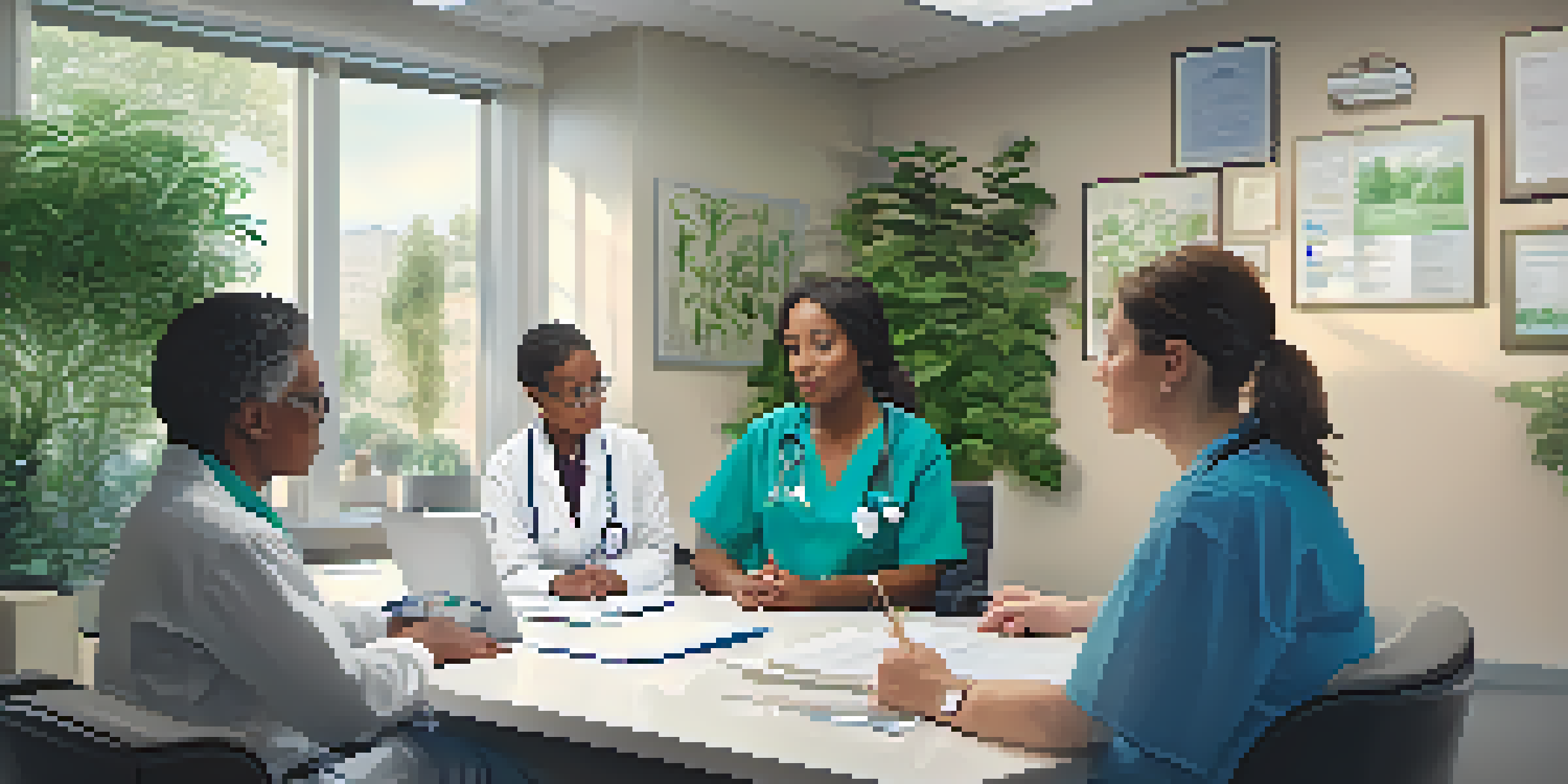 A healthcare professional in a medical office attentively listens to a diverse group of patients discussing hypertension management, surrounded by plants and medical charts.