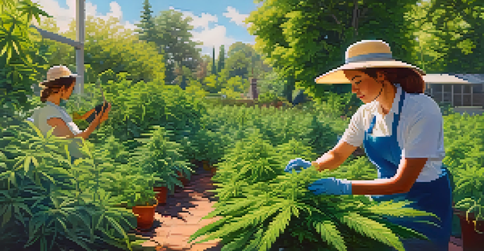 A lush cannabis garden in sunlight, with a gardener tending to the plants, surrounded by greenery and a blue sky.