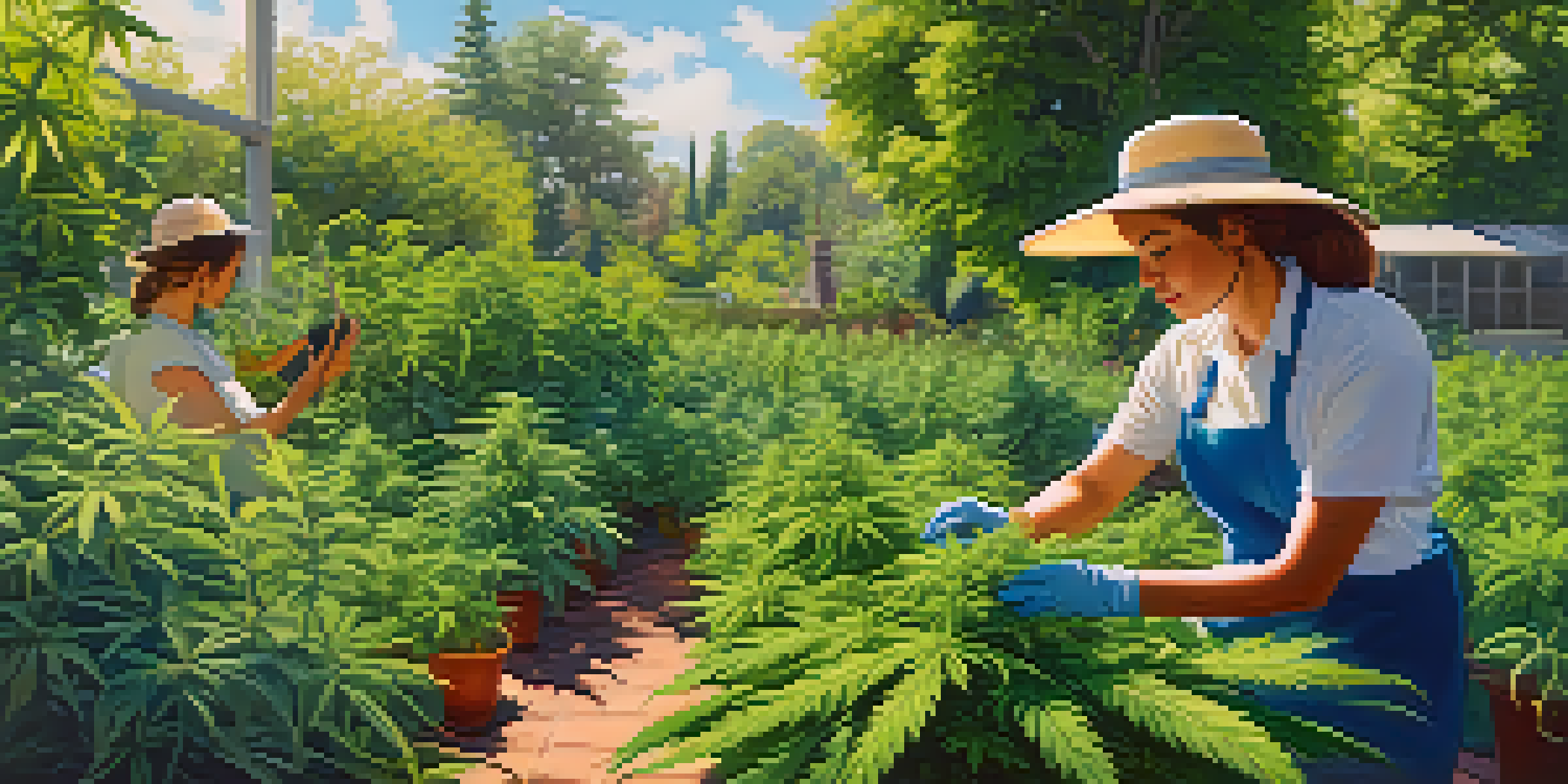 A lush cannabis garden in sunlight, with a gardener tending to the plants, surrounded by greenery and a blue sky.
