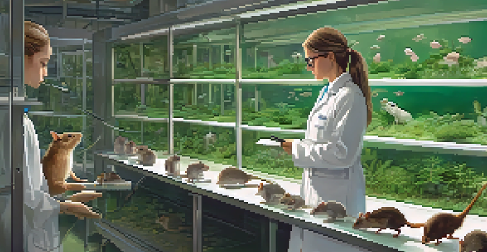 A researcher in a lab coat is observing rodents in transparent cages, taking notes with a magnifying glass.