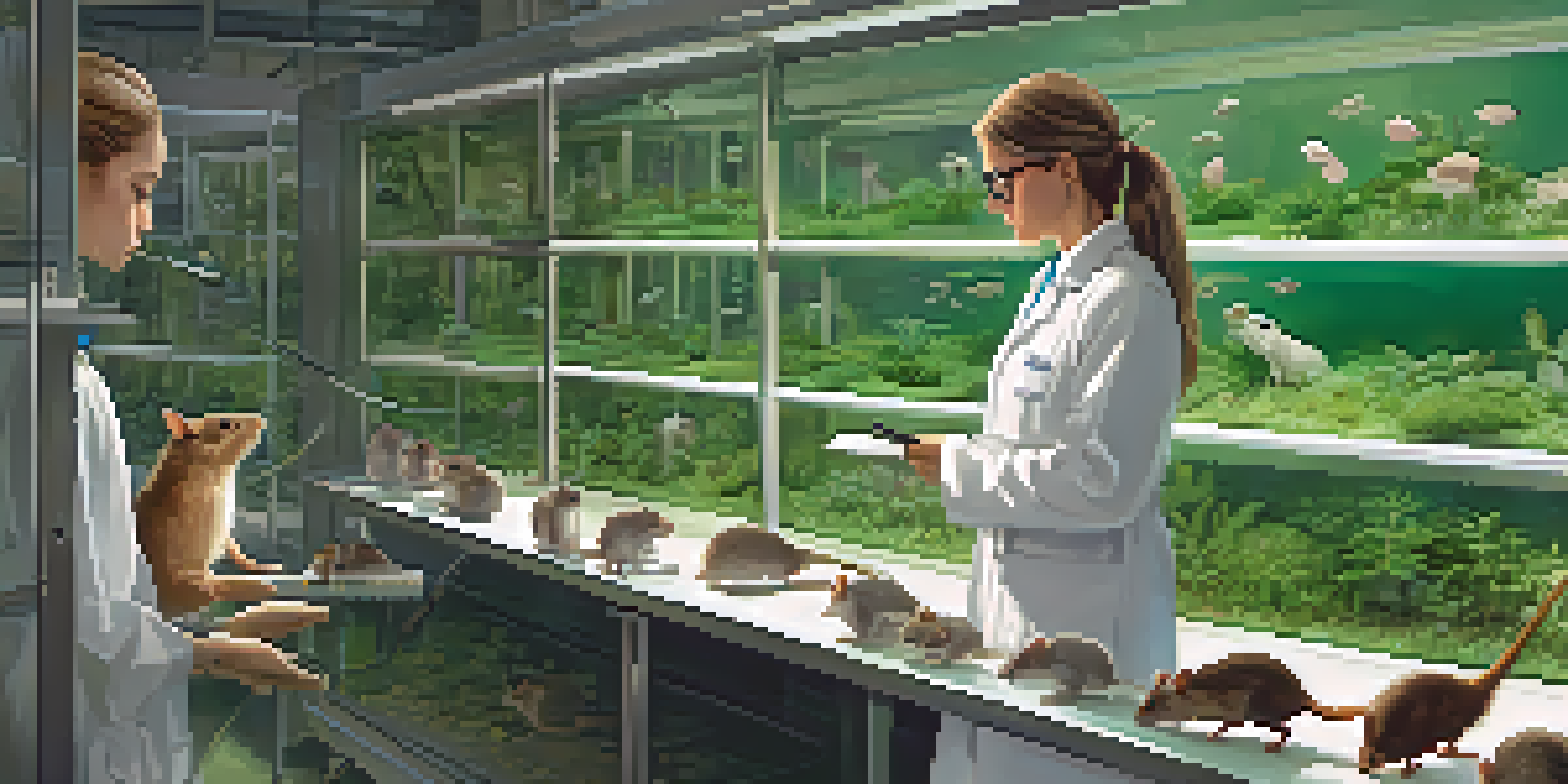 A researcher in a lab coat is observing rodents in transparent cages, taking notes with a magnifying glass.