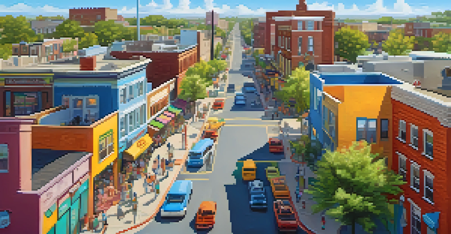 An aerial view of a revitalized neighborhood with a park, businesses, and vibrant murals.