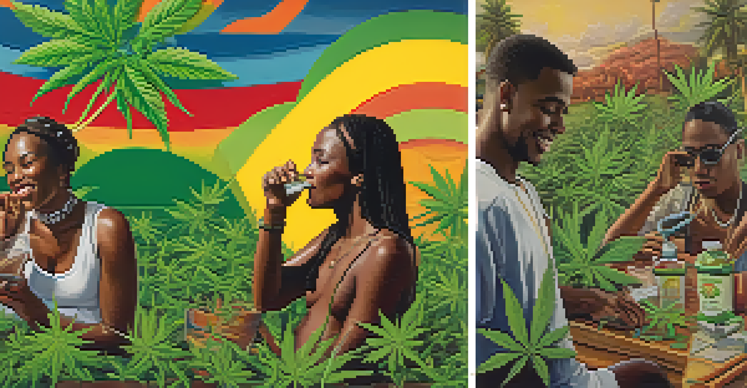 A split image contrasting positive and negative cultural perceptions of marijuana, with vibrant colors on one side and muted tones on the other.