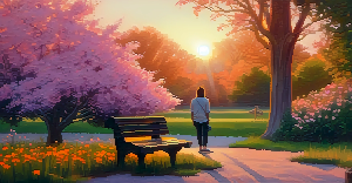 A person sitting on a park bench during sunset, surrounded by trees and wildflowers, conveying a sense of calm and contemplation.