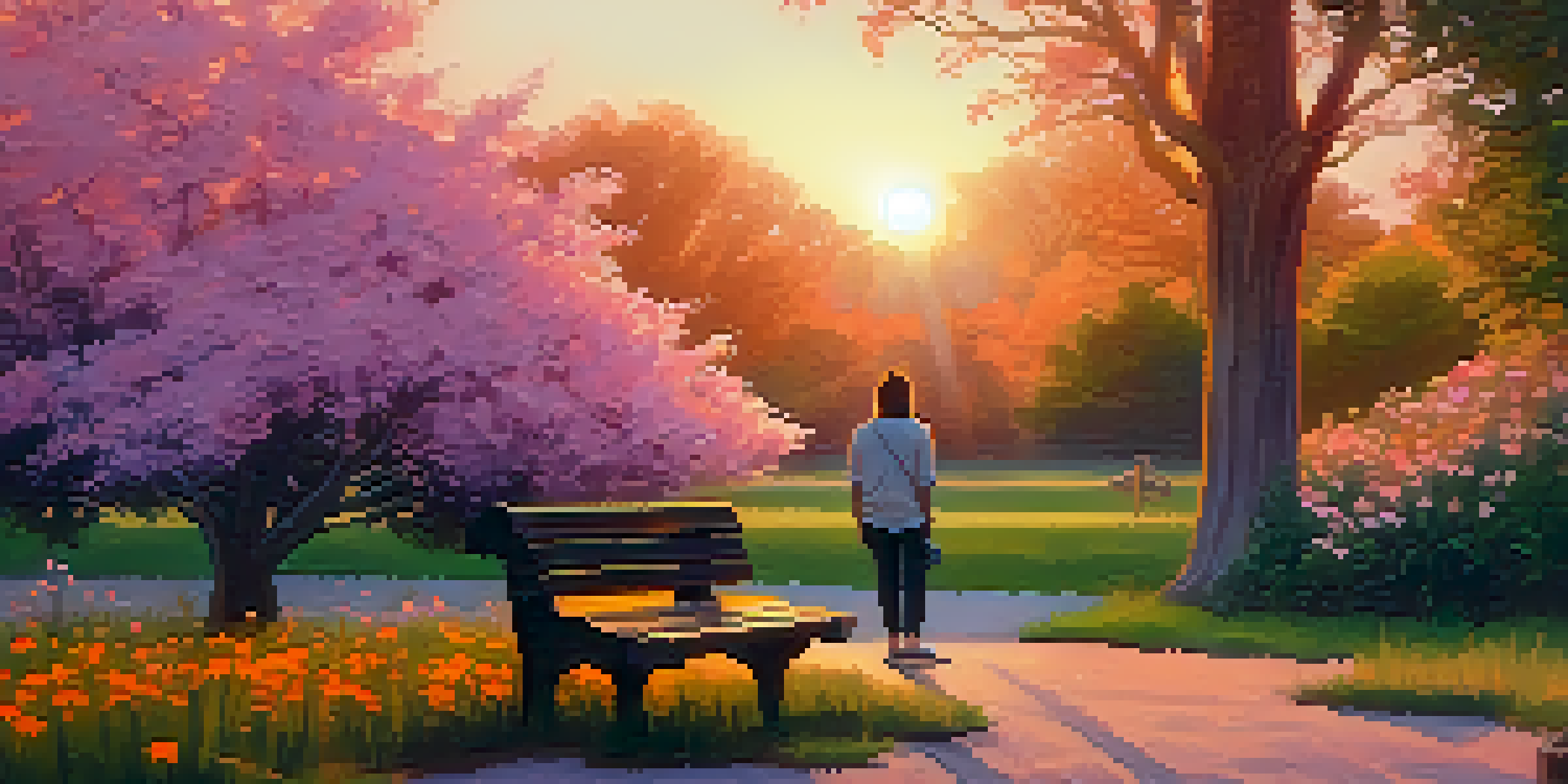 A person sitting on a park bench during sunset, surrounded by trees and wildflowers, conveying a sense of calm and contemplation.