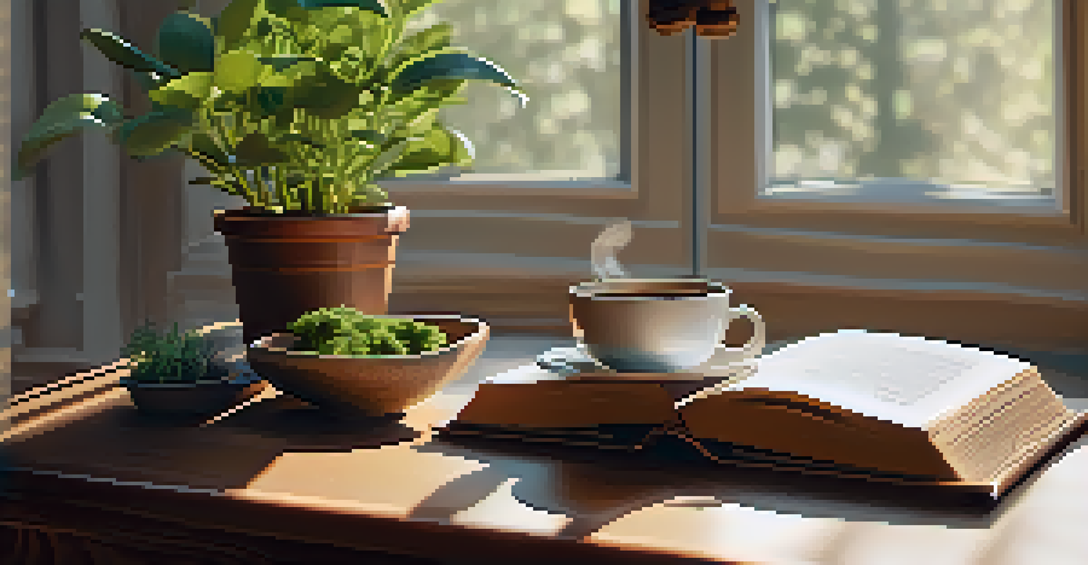 A coffee table with a cup of tea, a mindfulness book, and a small plant in warm lighting.