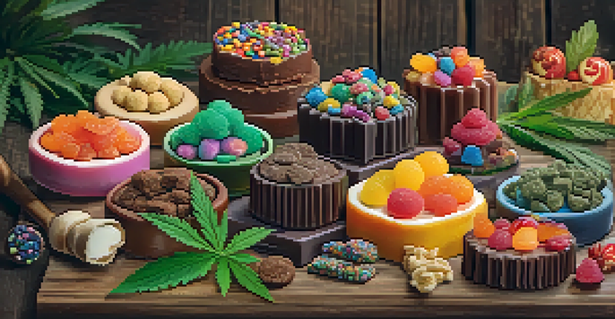 A variety of cannabis-infused edibles including gummies, chocolates, and baked goods displayed on a wooden table with fresh herbs.