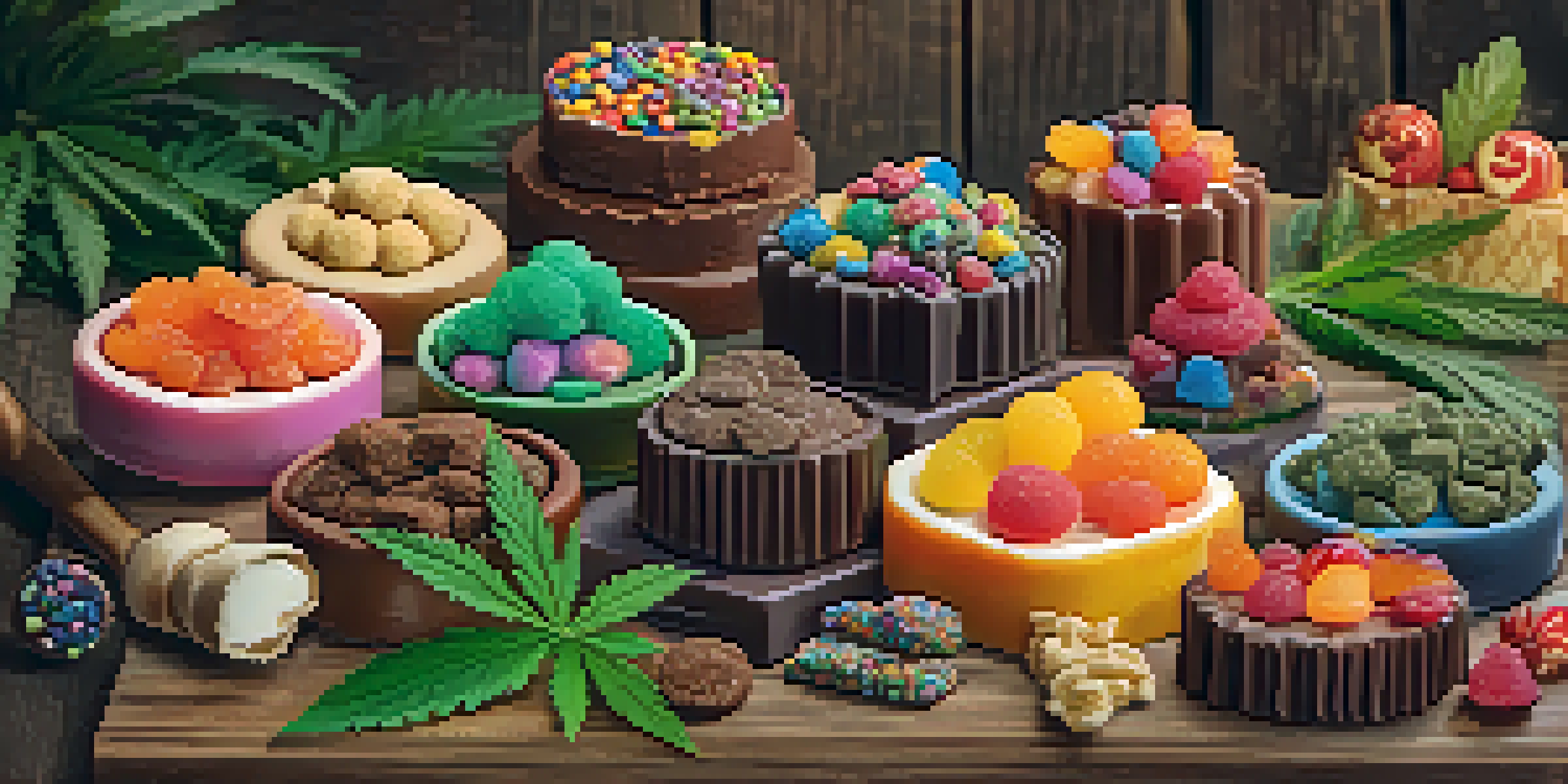 A variety of cannabis-infused edibles including gummies, chocolates, and baked goods displayed on a wooden table with fresh herbs.