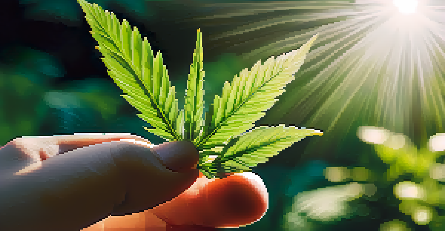 A close-up of a hand holding a cannabis leaf with a blurred green garden background and sunlight creating shadows.