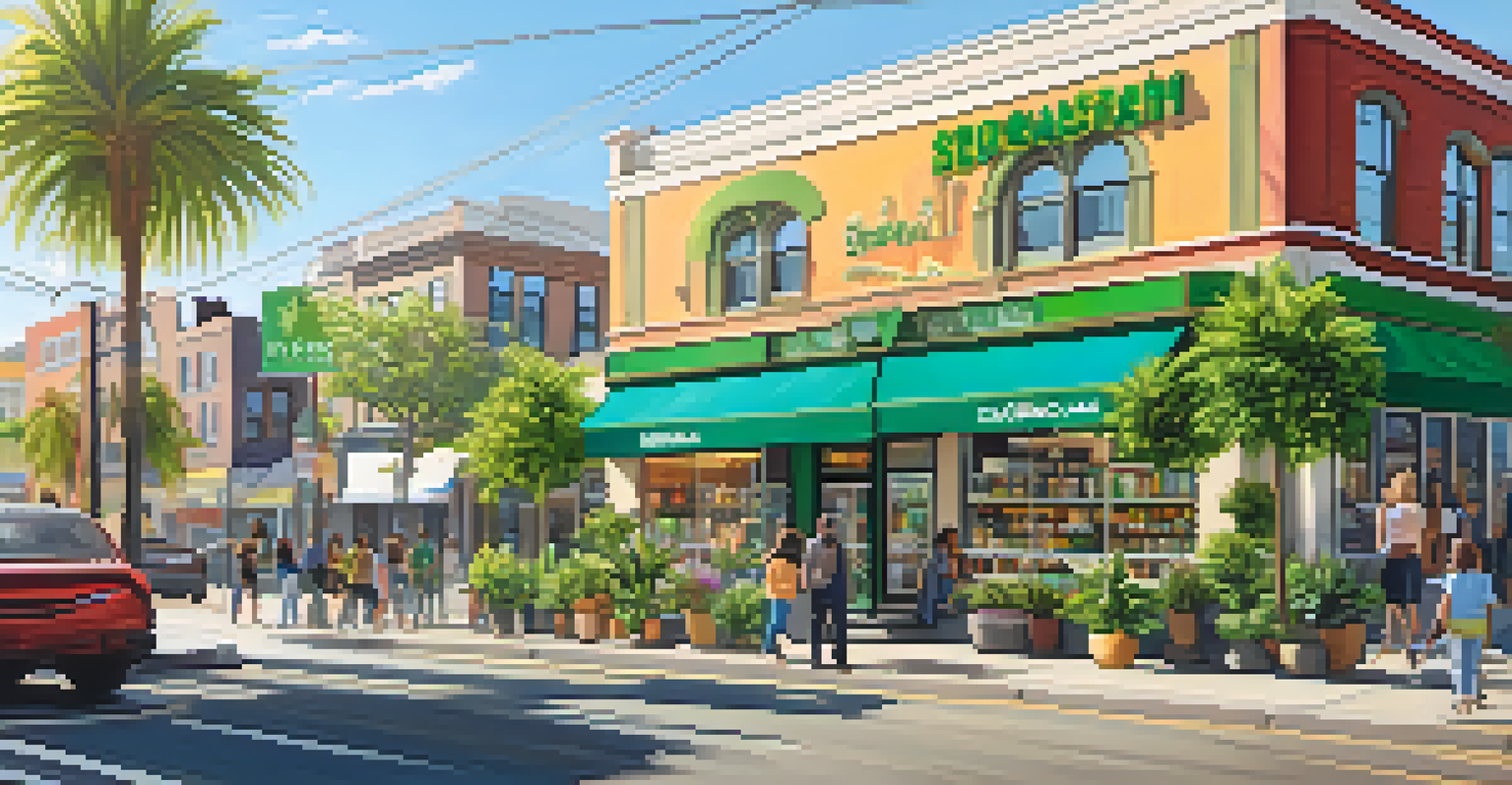 A modern cannabis dispensary in an urban setting, with people around and green plants, showcasing changing perspectives on marijuana.