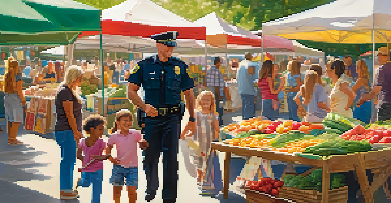 A friendly police officer interacting with children at a vibrant farmers' market, with colorful tents and fresh produce around.