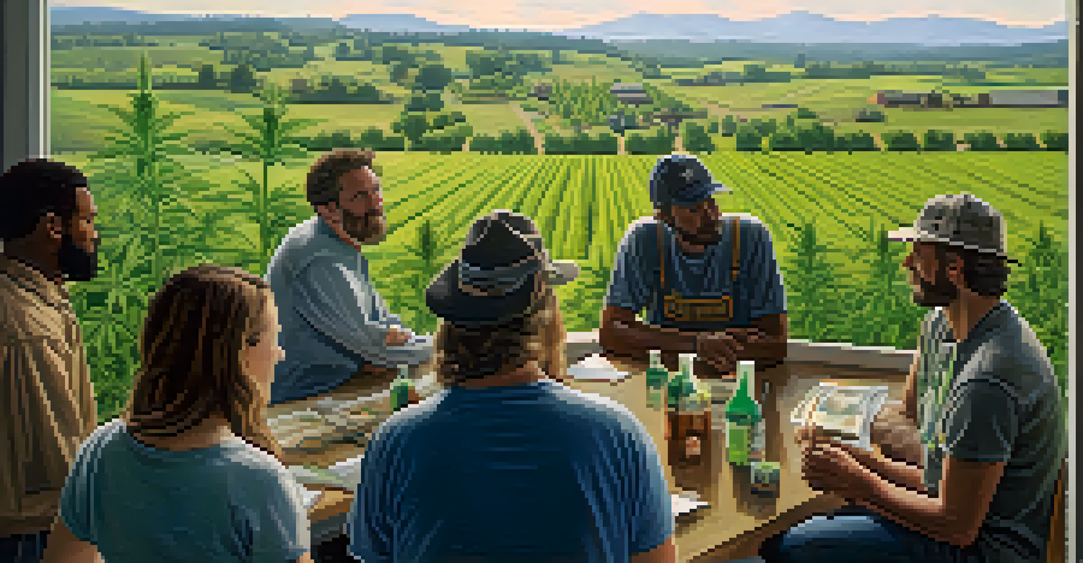 A community meeting with diverse individuals discussing the impact of marijuana farming on land use, set against a backdrop of farmland.