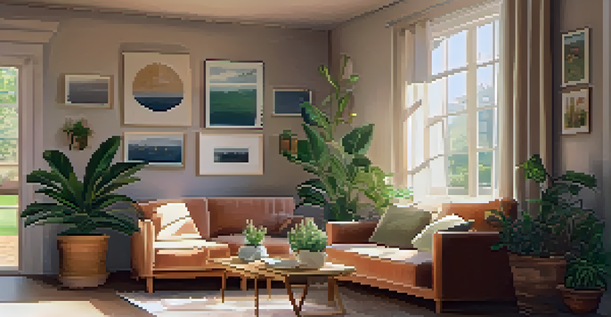 A cozy living room with a person sitting on a couch, holding a plant, surrounded by soft lighting and calming decor.