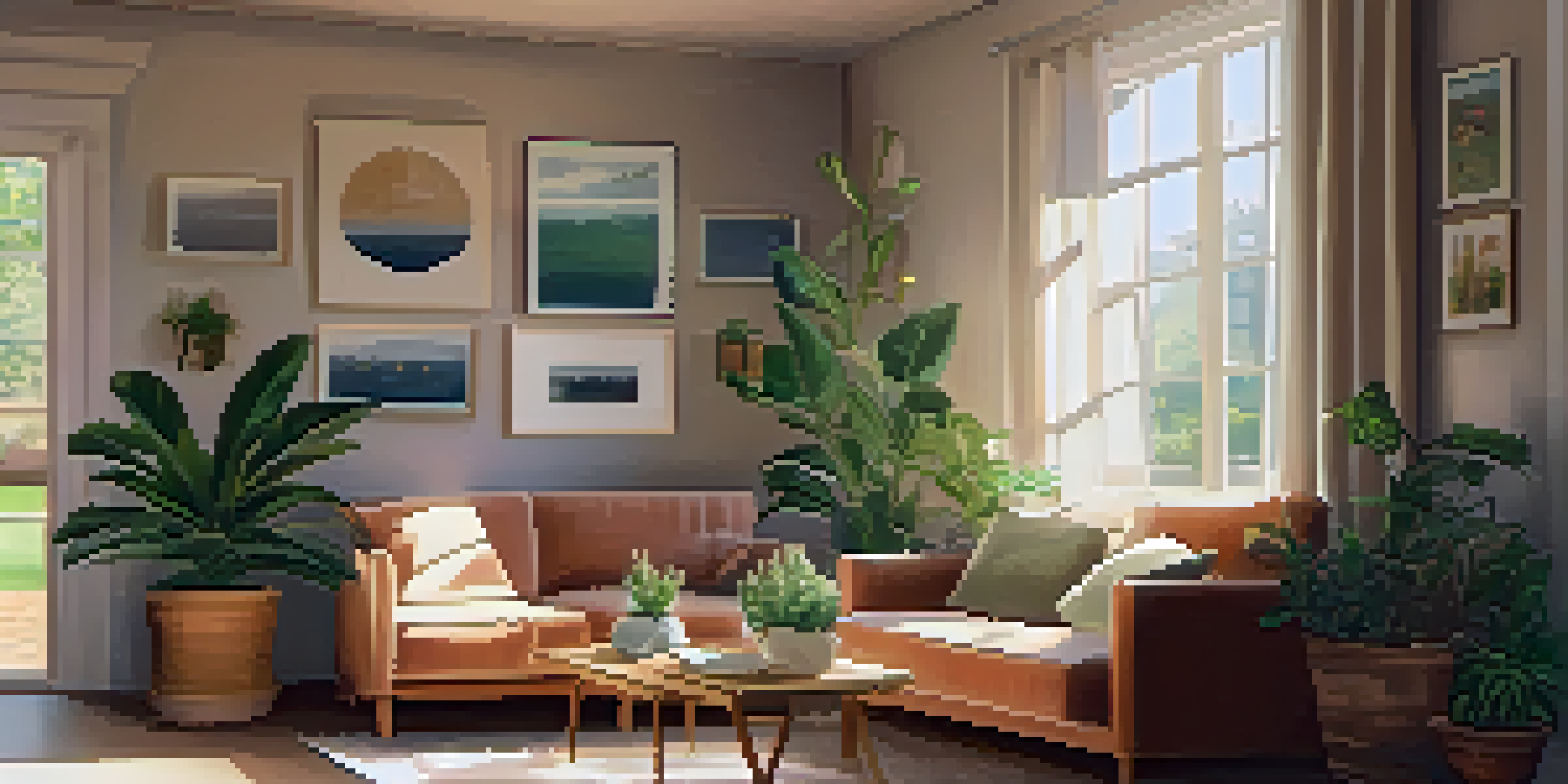 A cozy living room with a person sitting on a couch, holding a plant, surrounded by soft lighting and calming decor.
