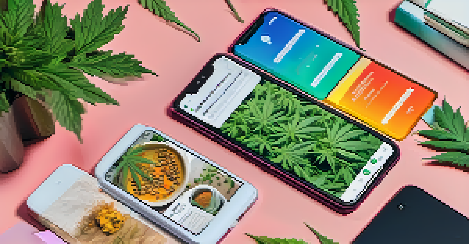 A close-up view of a smartphone showing a colorful Instagram feed about cannabis products in a cozy workspace.